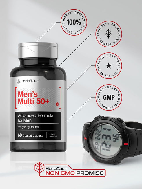 Horbaeach Men's Multivitamin 50 Plus | 60 Caplets | Non-GMO & Gluten Free Supplement