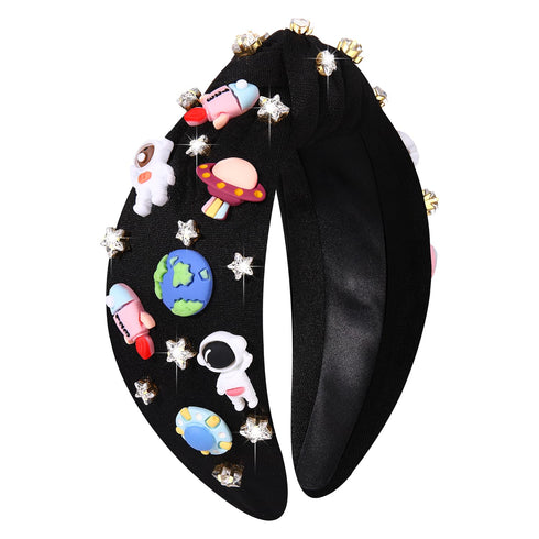Space Astronaut Headbands for Women - Saturn Planet Rocket Spaceman Jeweled Rhinestone Star Knotted Hair Accessories