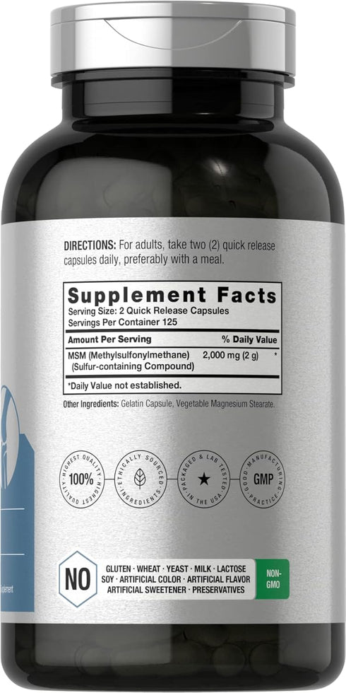 Horbaeach MSM Supplement Capsules | 2000mg | 250 Count | Non-GMO and Gluten Free Formula | Methylsulfonylmethane