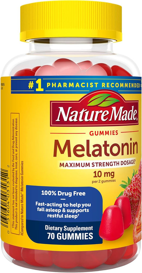 Nature Made Melatonin Gummies 10mg, Maximum Strength Sleep Aid for Adults, 70 Count, 100% Drug Free