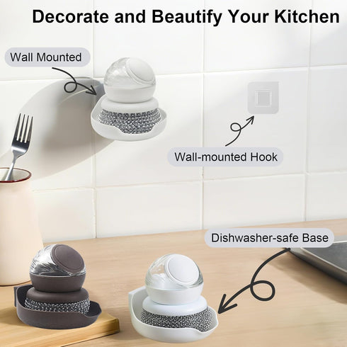 Pwaykit Dish Brush with Soap Dispenser, Steel Wool Scrubber with Replaceable Steel Wool, Pan Scraper and PET Scouring