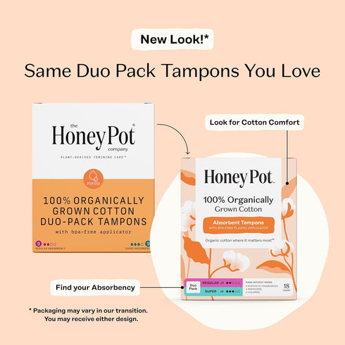 Multipack -100% 54 Count (3 Packs 18) The Honey Pot Company - Organic Cotton Core Tampons w/Bio Plastic Applicator