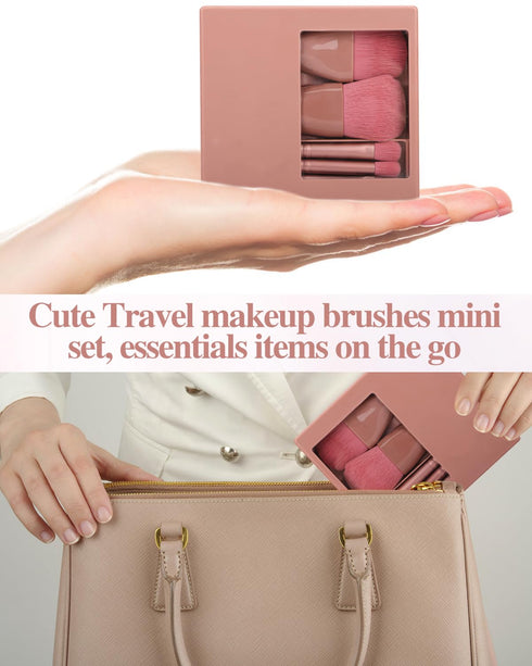 Travel Size Makeup Brushes Mini Set, 5Pcs Small Cosmetic Brushes with Hard Case and Built-in Mirror for Women