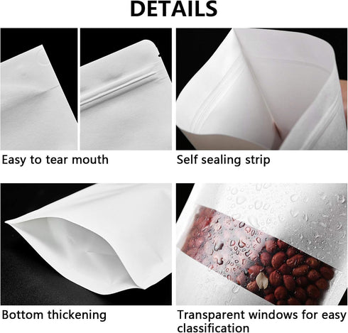 FireKylin 100 Pcs Resealable Bags, 4.7" x 7.9" Stand Up White Kraft Paper Bags with Zip Lock for Food Storage