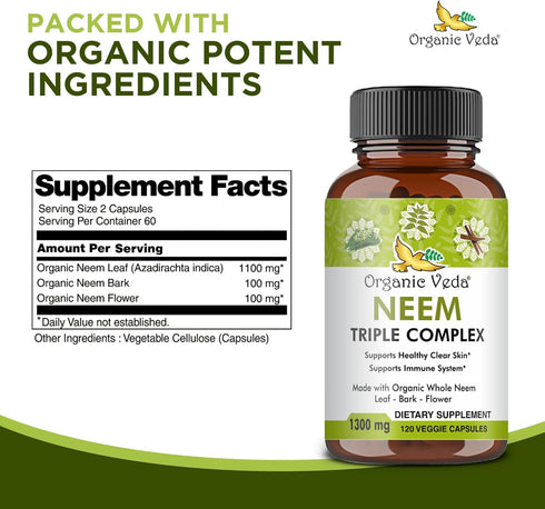 Organic Veda Neem Capsules, Triple Complex Neem Leaf Extract, 120 Count Herbal Supplement for Immunity & Skin Health