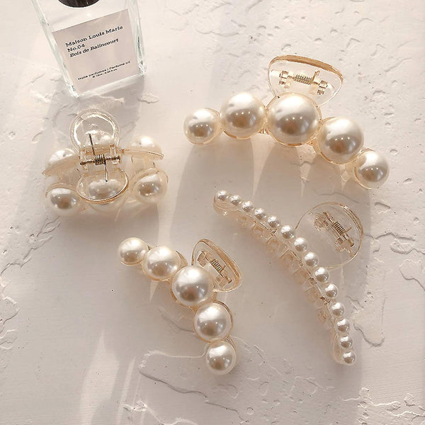 Pearl Hair Clips for Women, 4PCS Strong Hold Large Small Hair Claw Clip Barrettes, Nonslip Hair Accessories Gift