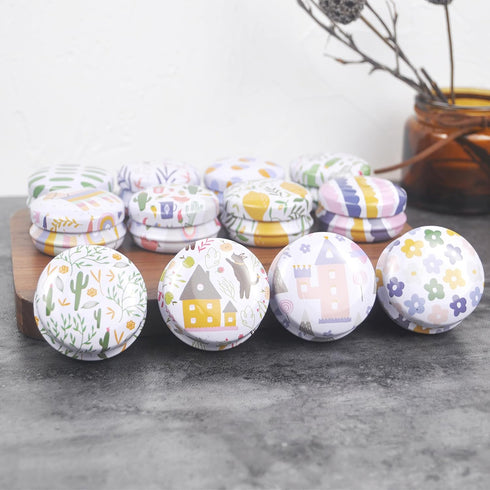 Rarapop 12 Pack Mini Round Reusable Candle Tin Jars with Lids, 20ml Cartoon Travel Empty Container for Lip Balm, Salve,