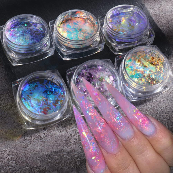 Holographic Nail Art Glitter, 5 Boxes Iridescent Flakes Powder for Colorful Summer Nail Art Decoration