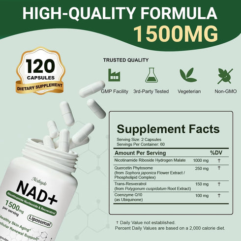 Ncduyde 1500 120 NAD+ Supplement, Liposomal NAD Nicotinamide Riboside Resveratrol mg - Anti-Aging & Brain Health
