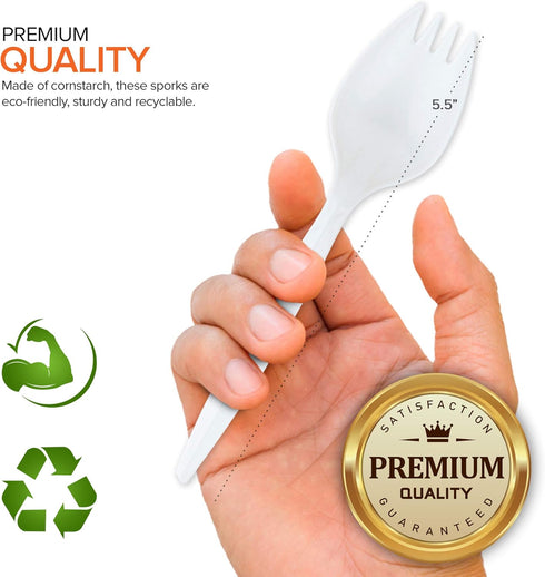 Disposable Sporks - 500 Pack White Plastic Sporks, BPA Free 2 in 1 Utensils for School Lunch, Picnics & Parties