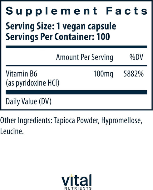 Vital Nutrients Vitamin B6 | Vegan Methylated B6 for Nervous System & Muscle Health | 100 Capsules
