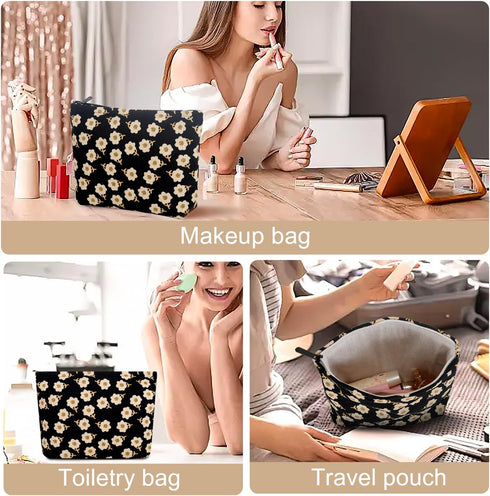 Preppy Cute Corduroy Makeup Bag, Cosmetic Bag for Women Travel Essentials (Flower Black)