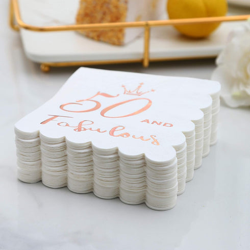 50 and Fabulous Cocktail Napkins - Rose Gold, 50th Birthday Decorations for Women, Folded 5x5 Inches Disposable Party