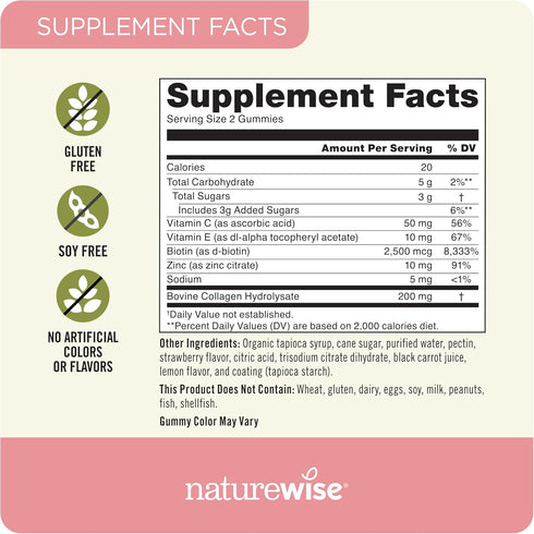 NatureWise Collagen Gummies, Strawberry Lemon Flavor - Type 1 & 3 Collagen Peptides with Biotin, Vitamin C, E, & Zinc -