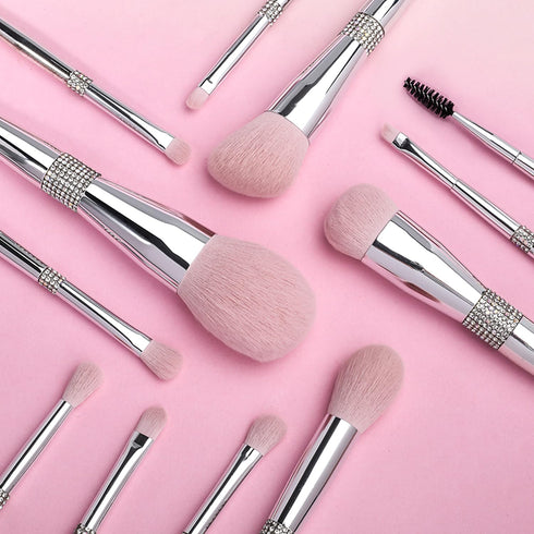 Professional Makeup Brush Set - Luxury 11pcs Silver Glitter Crystal Kit with Vegan Soft Synthetic Hair