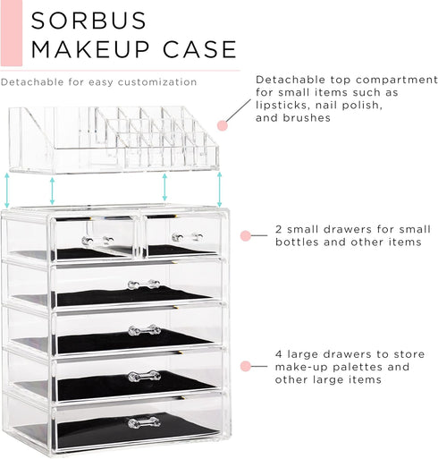 Sorbus Clear Makeup Organizer - Spacious Cosmetic & Jewelry Storage Case for Dresser, Bathroom, Vanity (Clear, 4 Large,