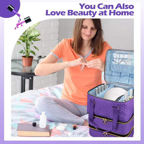 Nail Polish Organizer Case - Purple Three Layer Storage Bag with Adjustable Dividers Holds 84 Bottles Nail Polish Nail