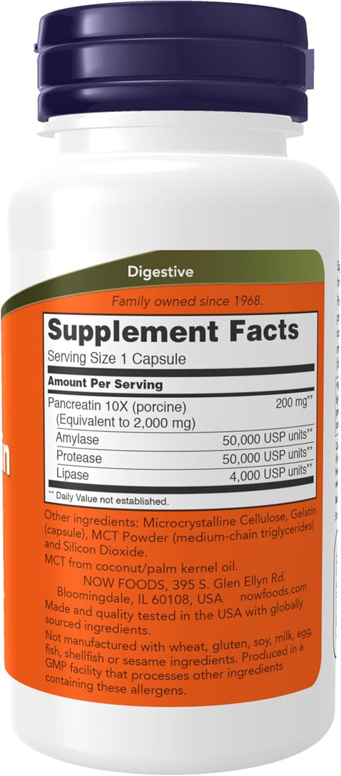 NOW Supplements, Pancreatin 10X 200 mg with naturally occurring Protease (Protein Digesting), Amylase (Carbohydrate Digesting), and Lipase (Fat Digesting) Enzymes, 100 Count (Pack of 1)