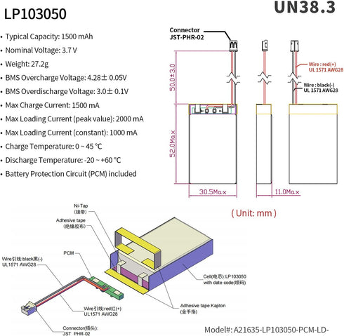EEMB Lithium Polymer Battery 3.7V 1500mAh 103050 Lipo Rechargeable Battery Pack with Wire JST Connector for Speaker and Wireless Device- Confirm Device & Connector Polarity Before Purchase