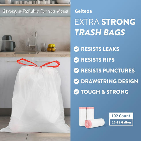15-18 Gallon Drawstring Trash Bags - (102 Count) Ultra Large Trash Can Liners, Heavy Duty Strong White Plastic Garbage Bags for Home Kitchen Office Lawn Commercial by Geiteoa