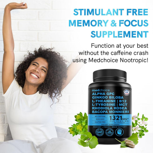 11-in-1 Nootropic Brain Supplements: Memory & Focus with Ginkgo Biloba, L Theanine, Bioperine, 60ct