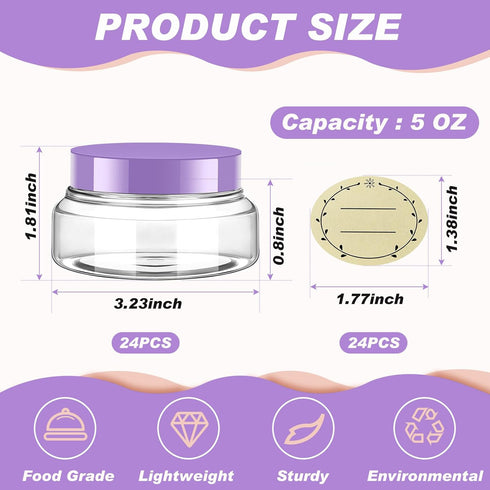 Tessco 24 Pack Plastic Jars with Lids Labels Plastic Containers Round Refillable Cosmetic Containers Empty Body Butter Jars Sugar Scrub Containers for Cosmetics (Clear, Purple,5 oz)