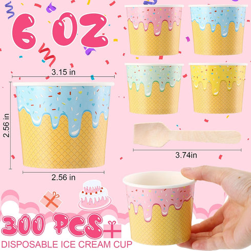 Ninehaoou 300 Pack 6 oz Frozen Paper Ice Cream Cups with Wooden Spoons, Disposable Dessert Bowls, Colorful Sundae Bar