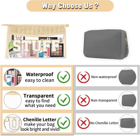 Boho Clear Makeup Letter Patch Makeup Bag STUFF Pouch, Cute Waterproof Glitter Toiletry Bag for Women