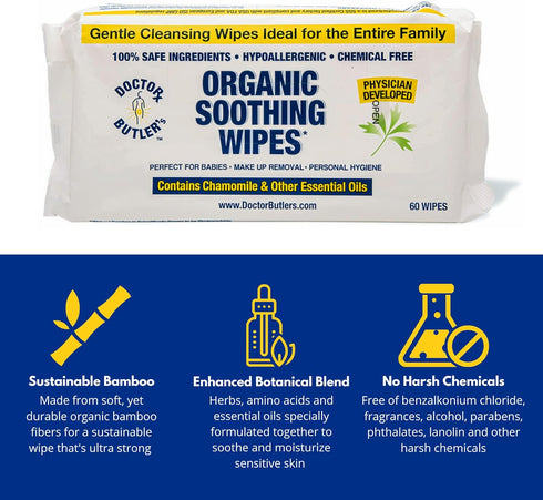 Doctor Butler's Soothing Wipes – All-Purpose Wet Wipes for Sensitive Skin, Face Wipes, and Baby Wipes with Chamomile and Essential Oils* (1 Pack – 60 Count)