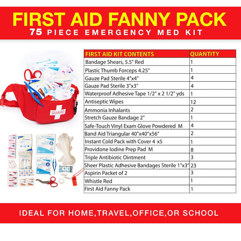 KB-8005 Pack, 8x2x6 75 3 Primacare First Aid Fanny Stocked with Pieces Emergency Medical Supplies, Lifeguard Waist