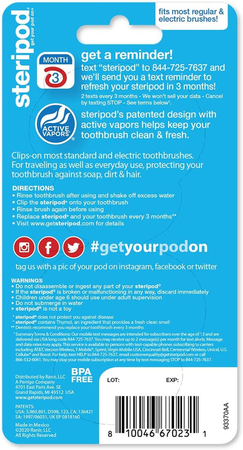 Steripod Clip-On Toothbrush Protector, 2 Count, Keeps Toothbrush Fresh and Clean, Fits Most Toothbrushes