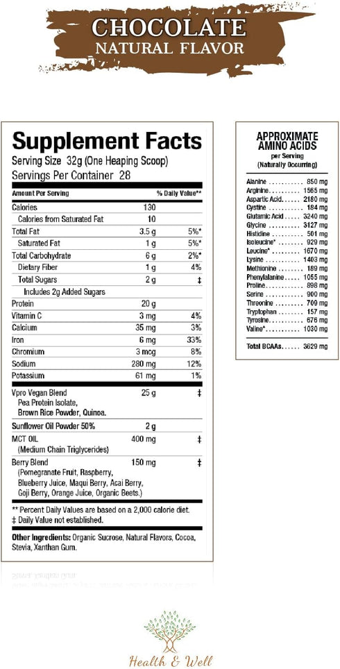 Health & Well Plant-Based Protein Powder, Contains Three Vegan Proteins and Eight Different Super Fruits (Chocolate)