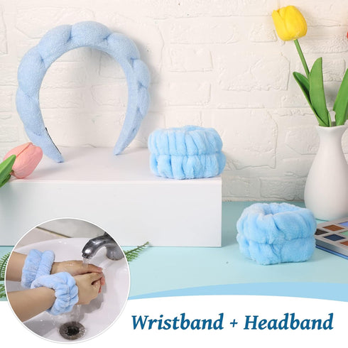 Sponge Spa Headband Set - Blue Makeup Headband and Wrist Washband for Face Washing, Skincare, Shower, Mother's Day Gifts