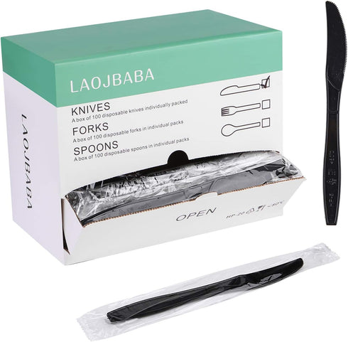 Plastic Knives Disposable, Individually Packaged Black 7-Inch Commercial Knives, 100 PCS