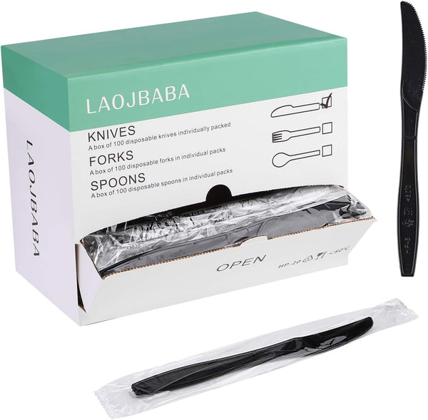 Plastic Knives Disposable, Individually Packaged Black 7-Inch Commercial Knives, 100 PCS