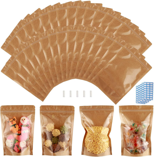 150-Pack Kraft Paper Bags, 6" x 9" Reclosable Small Stand Up Mylar Bags for Food Storage, Resealable Zip Lock