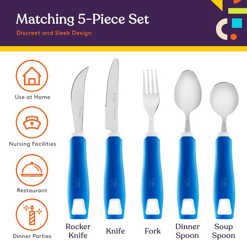 Special Supplies 5-Piece Adaptive Utensils Set, Non-Weighted, Non-Slip Handles for Tremors, Arthritis, Elderly Use