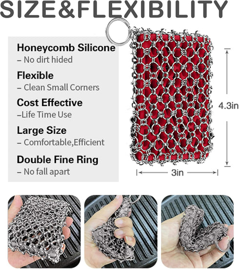 Herda Large 316L Cast Iron Chain Mail Scrubber Cleaner - Metal Skillet, Wok, Dutch Oven Cleaning Kit