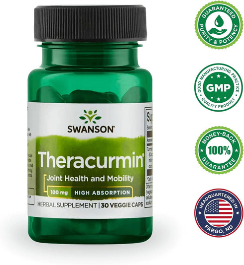 Swanson Theracurmin Herbal Supplement for Joint Health & Mobility, High Absorption, 30 Capsules, 100mg Each