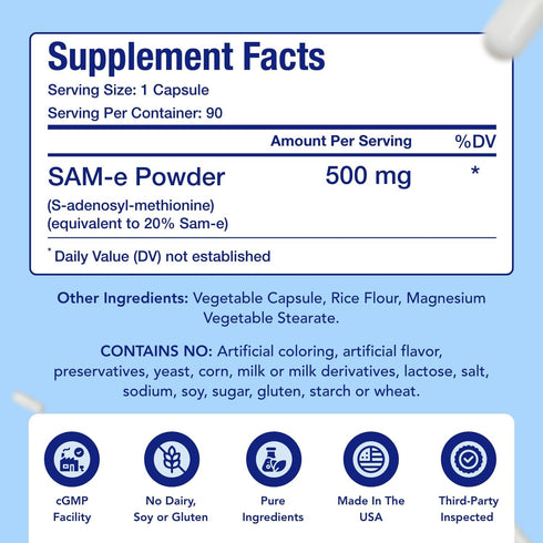 SAM-E Supplement 500mg | S-Adenosyl-L-Methionine for Bone and Mood Support | Non-GMO, Gluten Free (90 Day Supply)