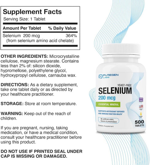 Puregen Labs Selenium 200 mcg Yeast Free Essential Mineral - 500 Vegetarian Tablets | Immune & Antioxidant Support | Non-GMO, Gluten Free, Made in USA
