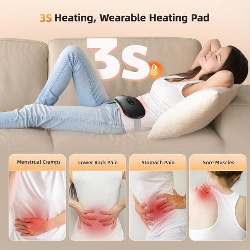 Portable Cordless Heating Pad Cramps: 6 Heat Levels and 6 Massage Modes,FSA HSA Eligible,3S Fast Heating,Period Menstrual Electric Heating Pad for Back Pain Relief,Gifts for Women and Girls, Black