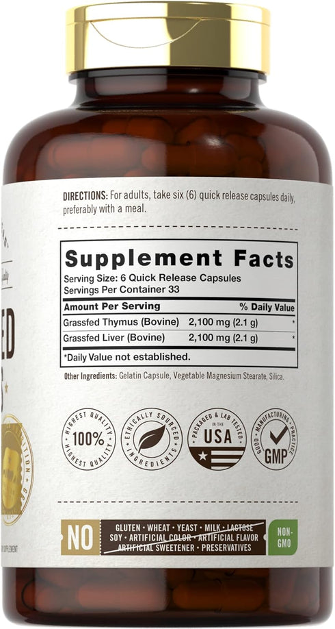 Carlyle Grass Fed Beef Thymus Supplement | 4200mg | 200 Capsules | Pasture Raised, Non-GMO, Gluten Free | by Herbage Farmstead