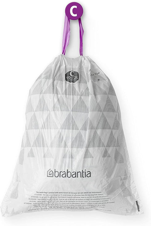Brabantia PerfectFit Trash Bags, Size C/2.6-3.2 Gal, Thick Plastic Trash Can Liners with Drawstring Handles