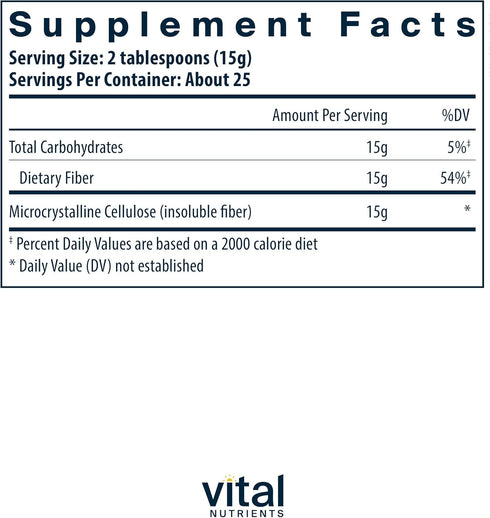 Vital Nutrients Cellulose Fiber | 375g Cellulose Insoluble Fiber Powder | Fiber Supplement Powder Supports Healthy Bowel Function & Healthy Weight | Gluten, Dairy, Soy Free | Non-GMO | 60 Capsules