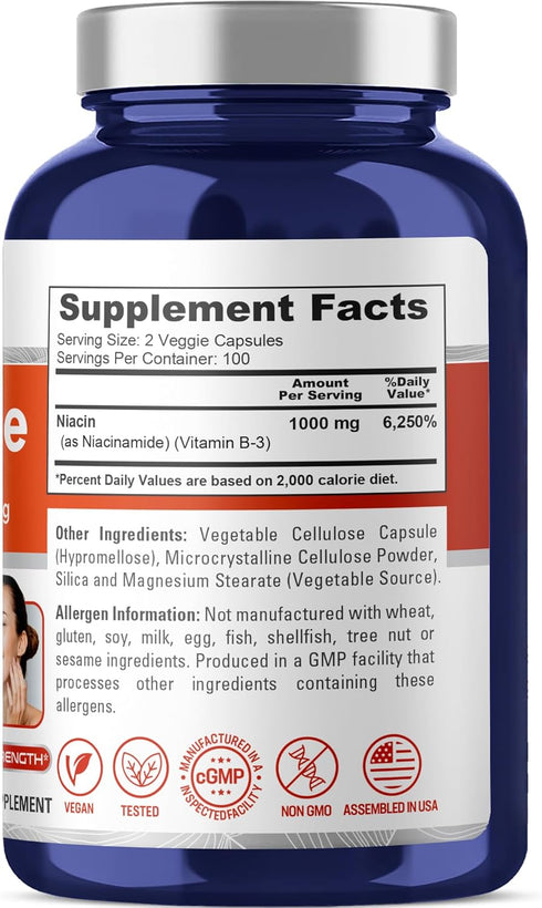 NusaPure Niacinamide 1000mg, 200 Veggie Capsules (Non-GMO, Vegan) Flush Free