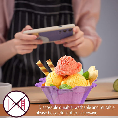 100 Pack 8oz Ice Cream Cups, Flower Shape Plastic Dessert Bowls for Fruit, Yogurt, Sundae, Appetizers (Colorful)