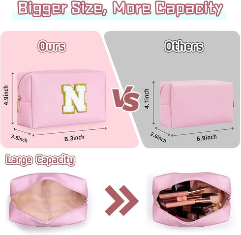 Preppy Patch Makeup Bag, Chenille Letter Pouch Cosmetic Bag, PU Leather Waterproof Toiletry Bag, Personalized Gift for