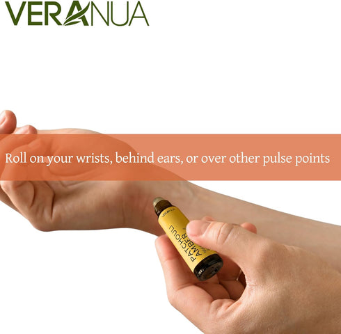 VeraNua Amber Patchouli Perfume Oil Roll On Bottle - Alcohol Free for Men & Women, Warm, Earthy & Exotic Aroma Essence