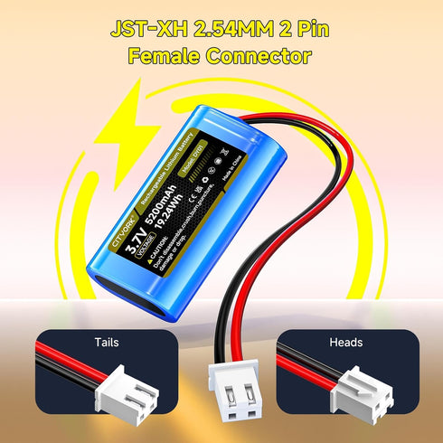 Palowextra 2 Pack 3.7V ICR18650 5200mAh 1S2P XH2.54/2P Lithium ion Rechargeable Battery with JST Plug Connector for DIY
